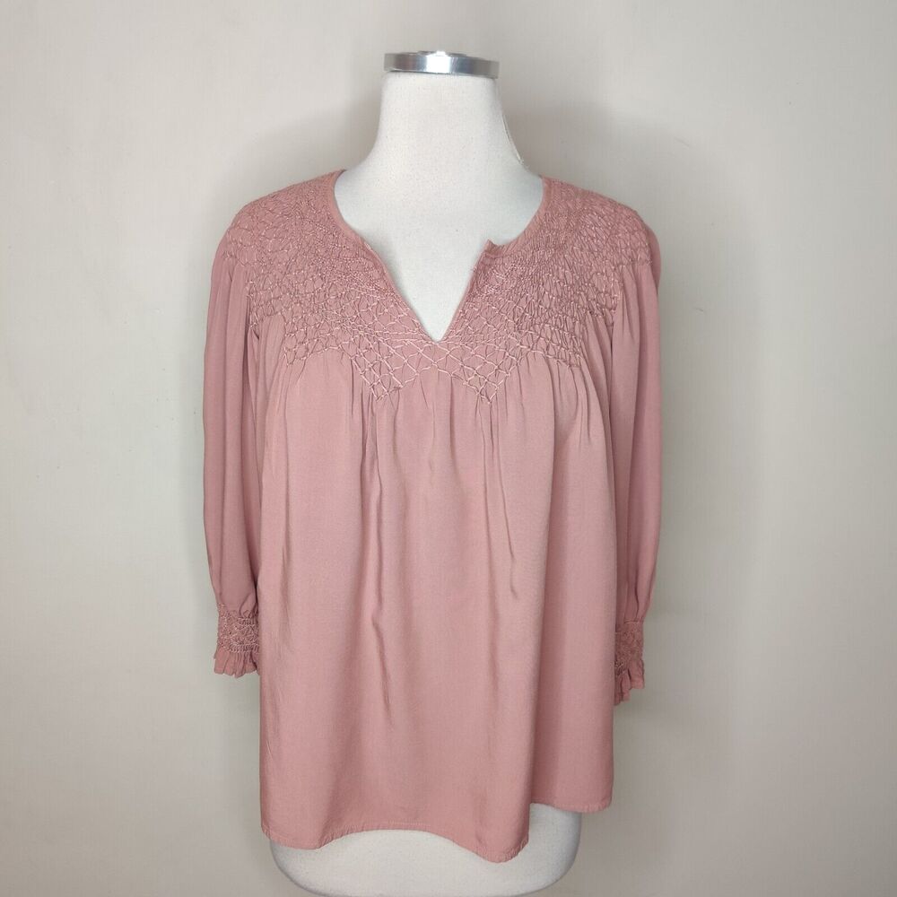 J Jill Smocked Split Neck Top Blouse Peasant Balloon Sleeve